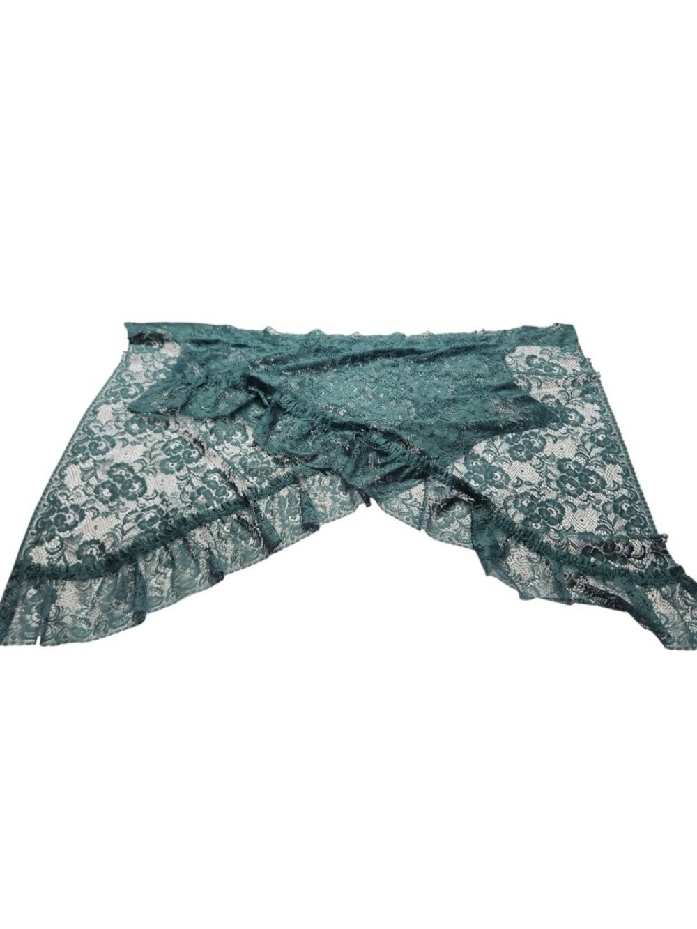 Vintage Green Lace Floral Curtains Angled Valance Panels Rod/Pole Pocket 2 Set
